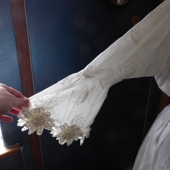 GOTH BOHO HIPPY WEDDING WHITE FLORAL WOVED LONG SLEEVED MINI SKATER DRESS XL - Picture 4 of 16